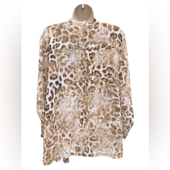 Chico's Women 3 Leopard Roll Tab Sleeve Tie Waist Poly Tunic Cardigan Like New - Picture 2 of 6